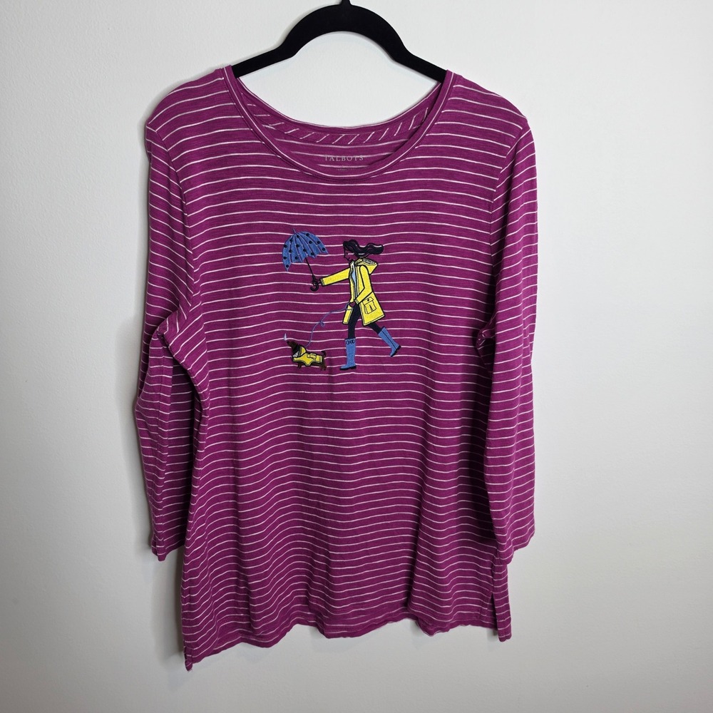 Talbots Striped Embroidered Girl & Dog Raincoat T-Shirt Women Large